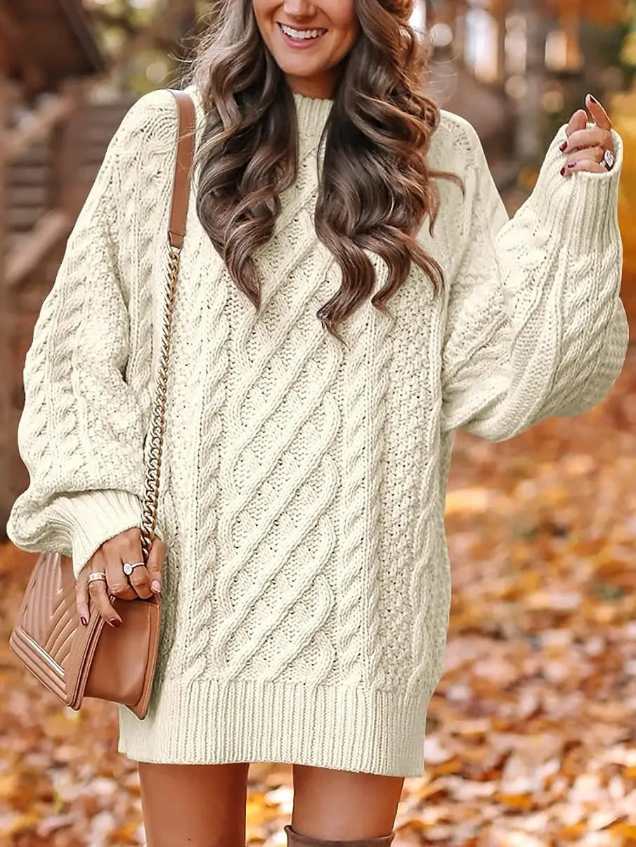 Women's Fall Crewneck Long Sleeve Oversized Cable Knit Sweater Dresses