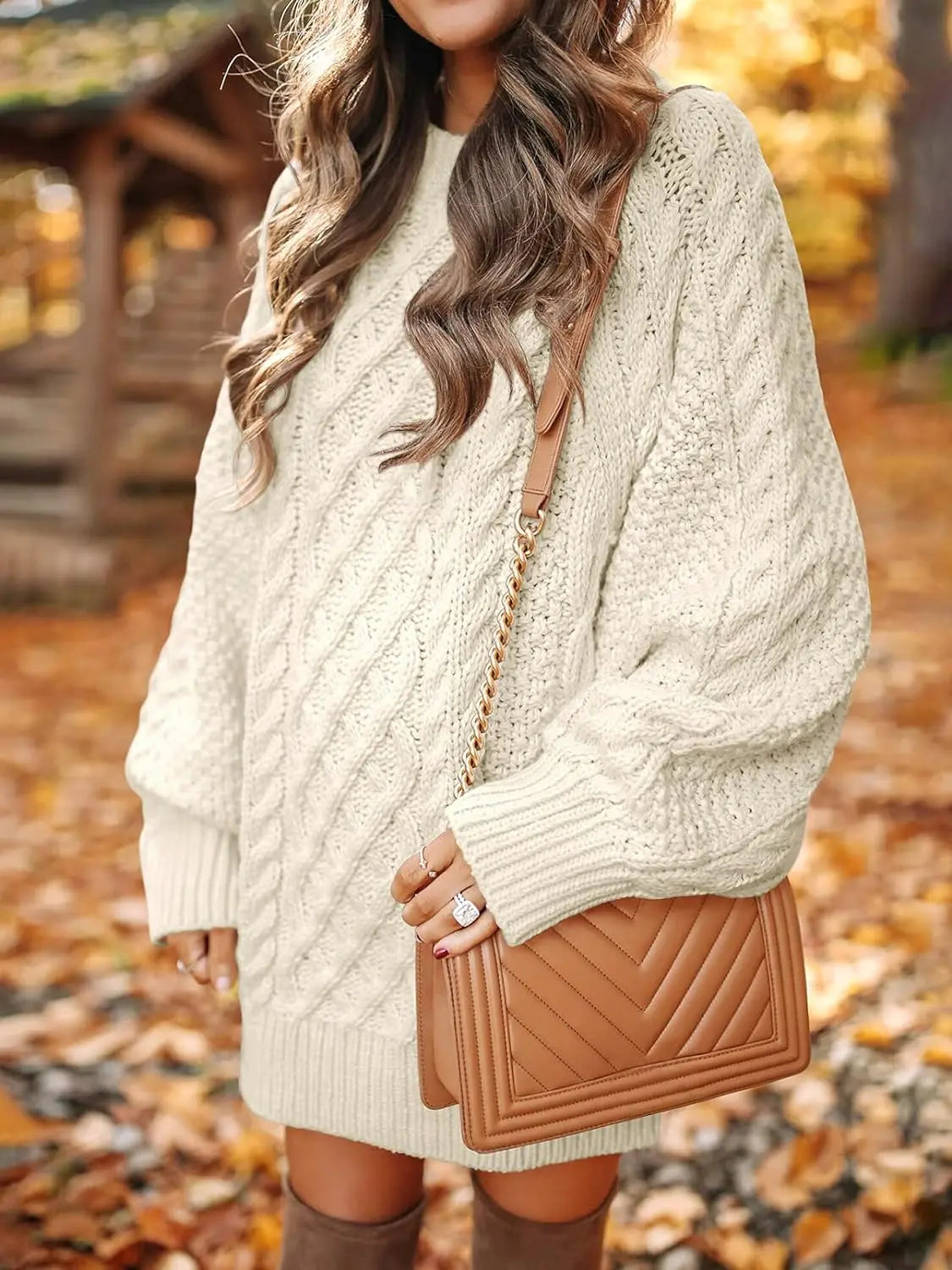 Women's Fall Crewneck Long Sleeve Oversized Cable Knit Sweater Dresses