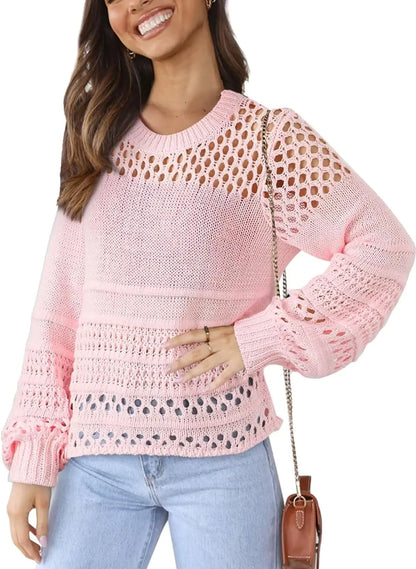 Women's Lantern Long Sleeve Sweater Top - Crewneck Crochet