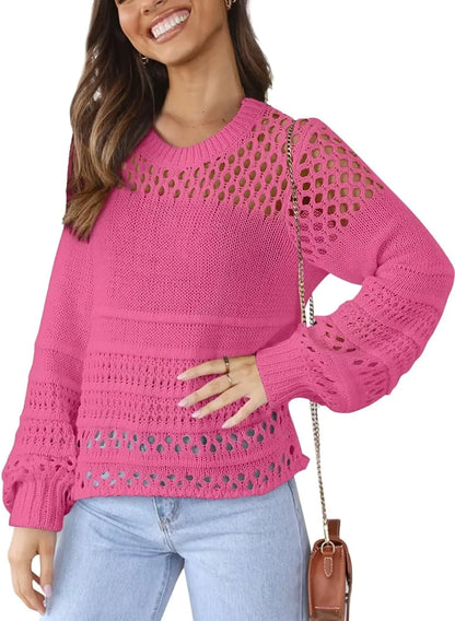 Women's Lantern Long Sleeve Sweater Top - Crewneck Crochet