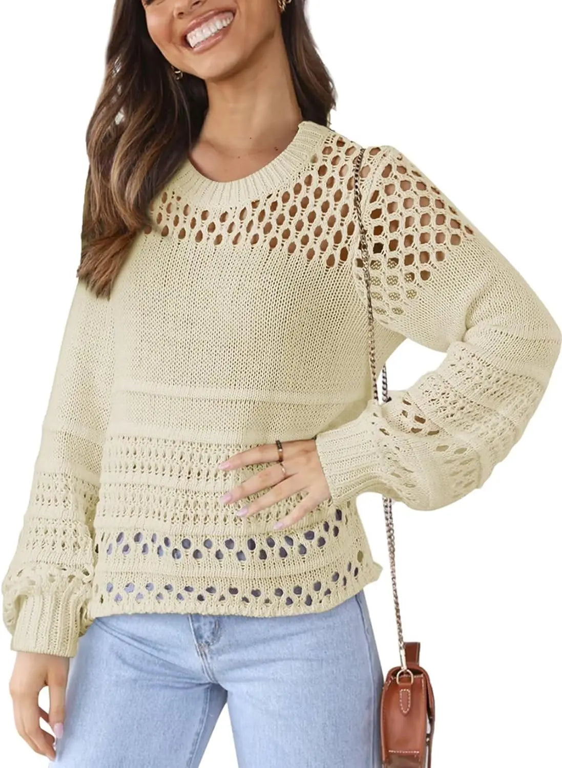 Women's Lantern Long Sleeve Sweater Top - Crewneck Crochet