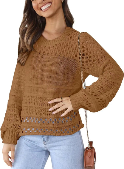 Women's Lantern Long Sleeve Sweater Top - Crewneck Crochet