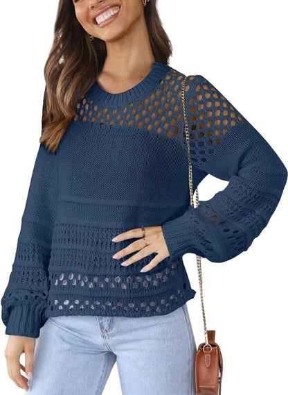 Women's Lantern Long Sleeve Sweater Top - Crewneck Crochet