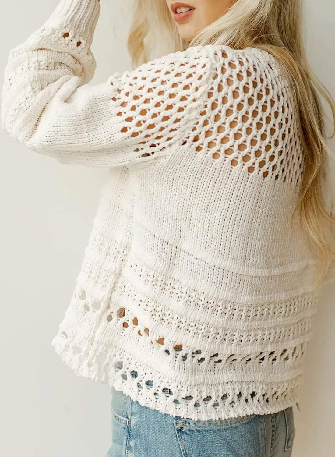 Women's Lantern Long Sleeve Sweater Top - Crewneck Crochet