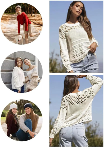 Women's Lantern Long Sleeve Sweater Top - Crewneck Crochet