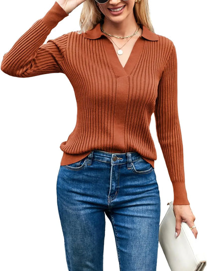 Women’s Long Sleeve Pullover Sweater, V-Neck Knitted