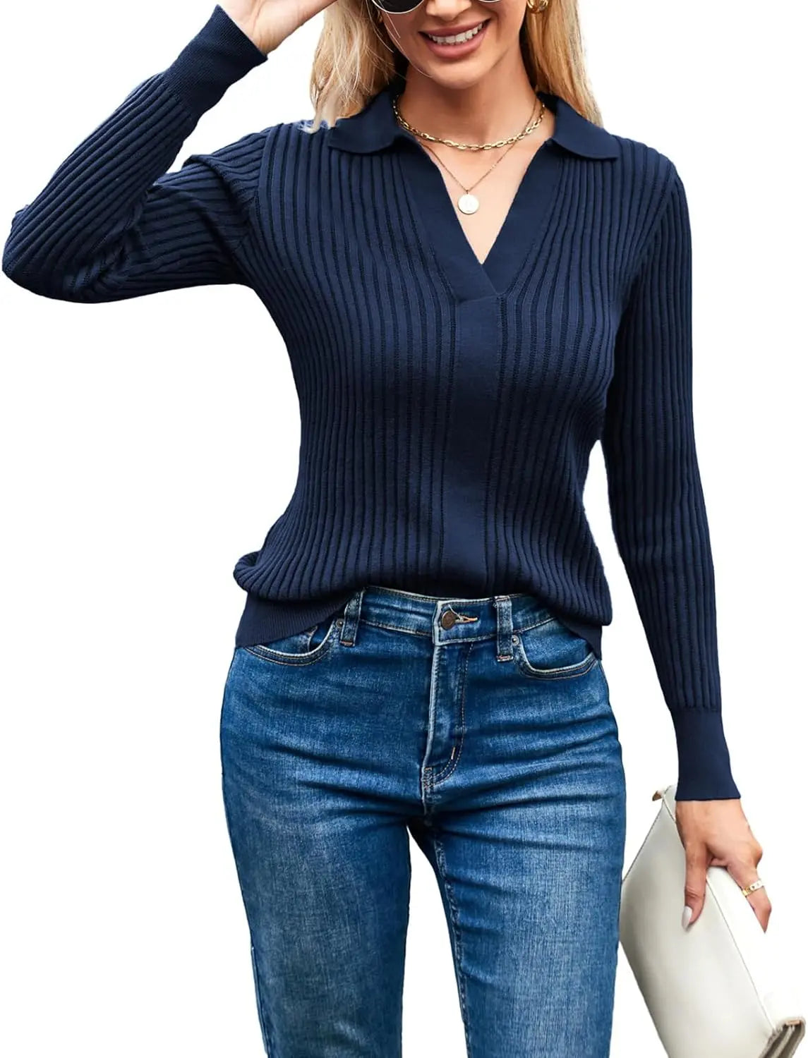 Women’s Long Sleeve Pullover Sweater, V-Neck Knitted