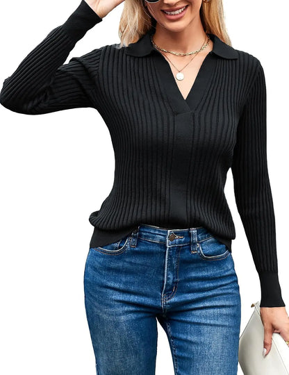 Women’s Long Sleeve Pullover Sweater, V-Neck Knitted