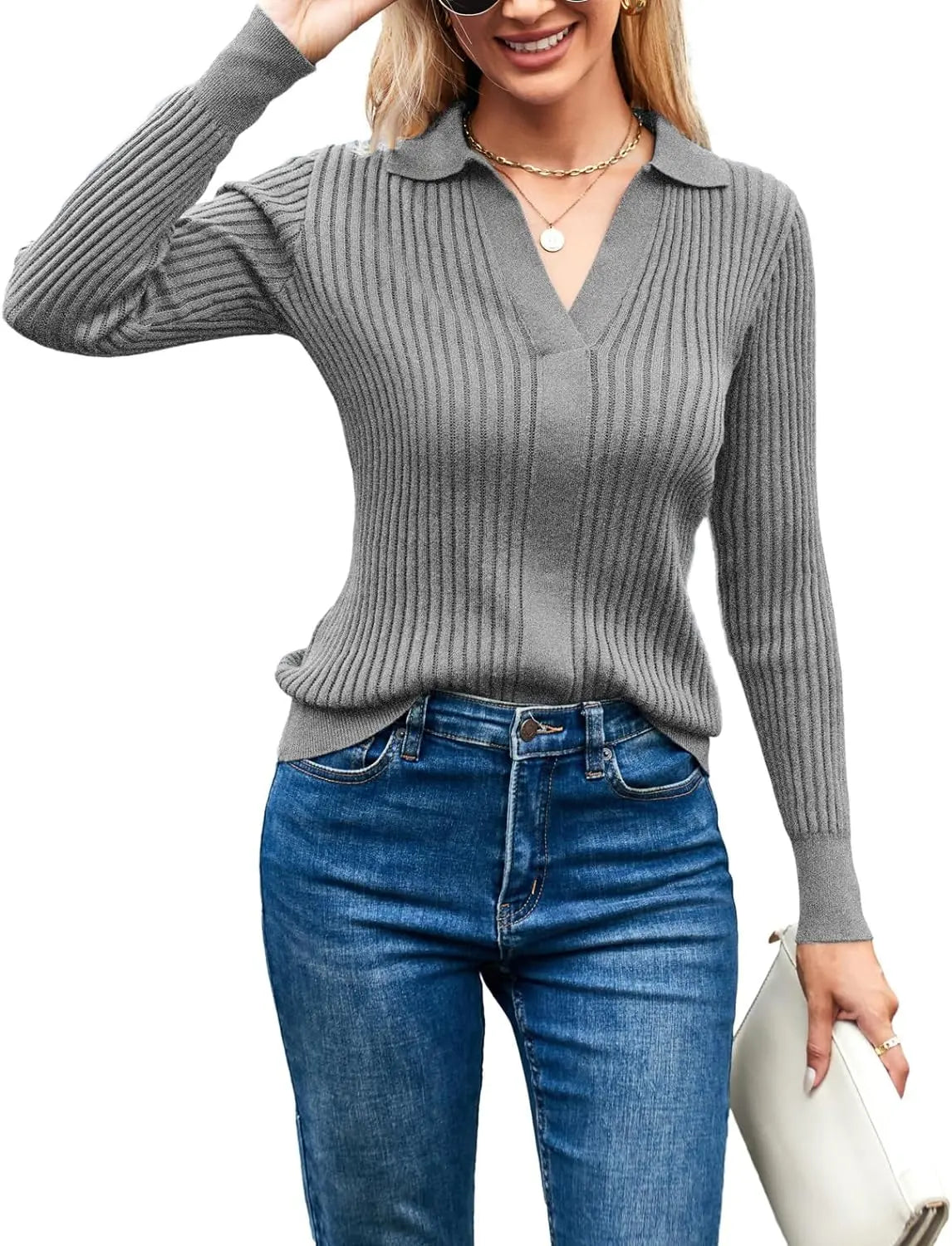 Women’s Long Sleeve Pullover Sweater, V-Neck Knitted