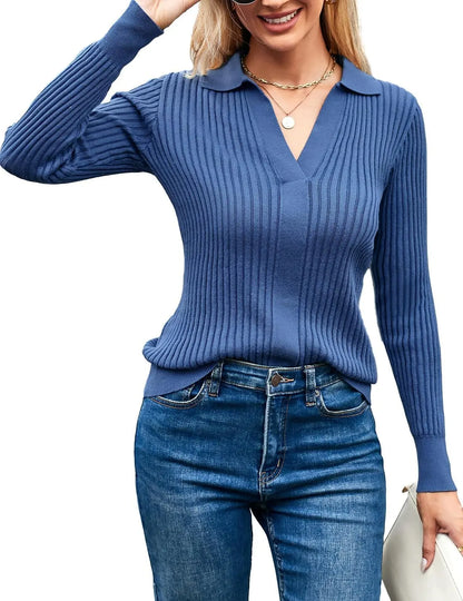 Women’s Long Sleeve Pullover Sweater, V-Neck Knitted