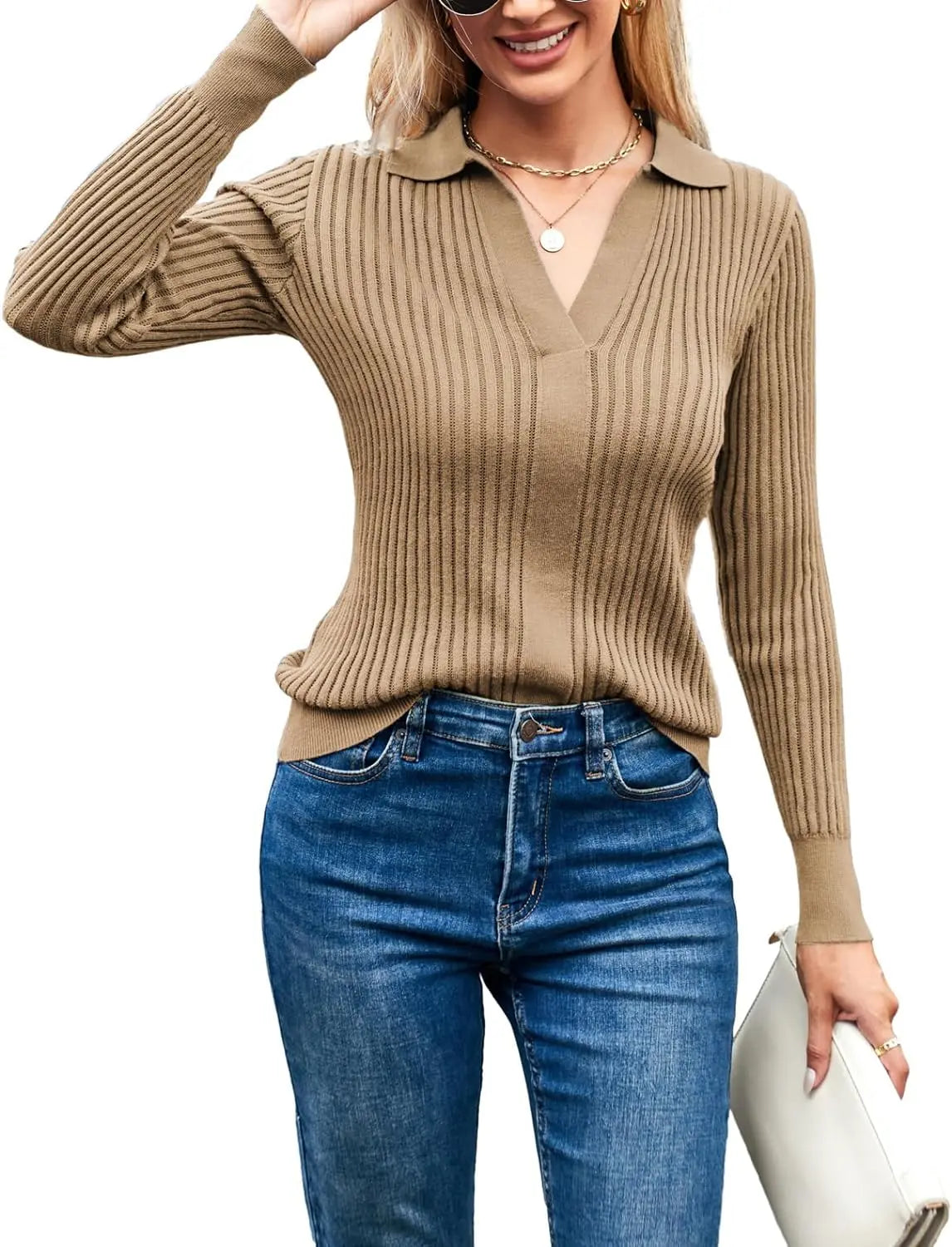 Women’s Long Sleeve Pullover Sweater, V-Neck Knitted