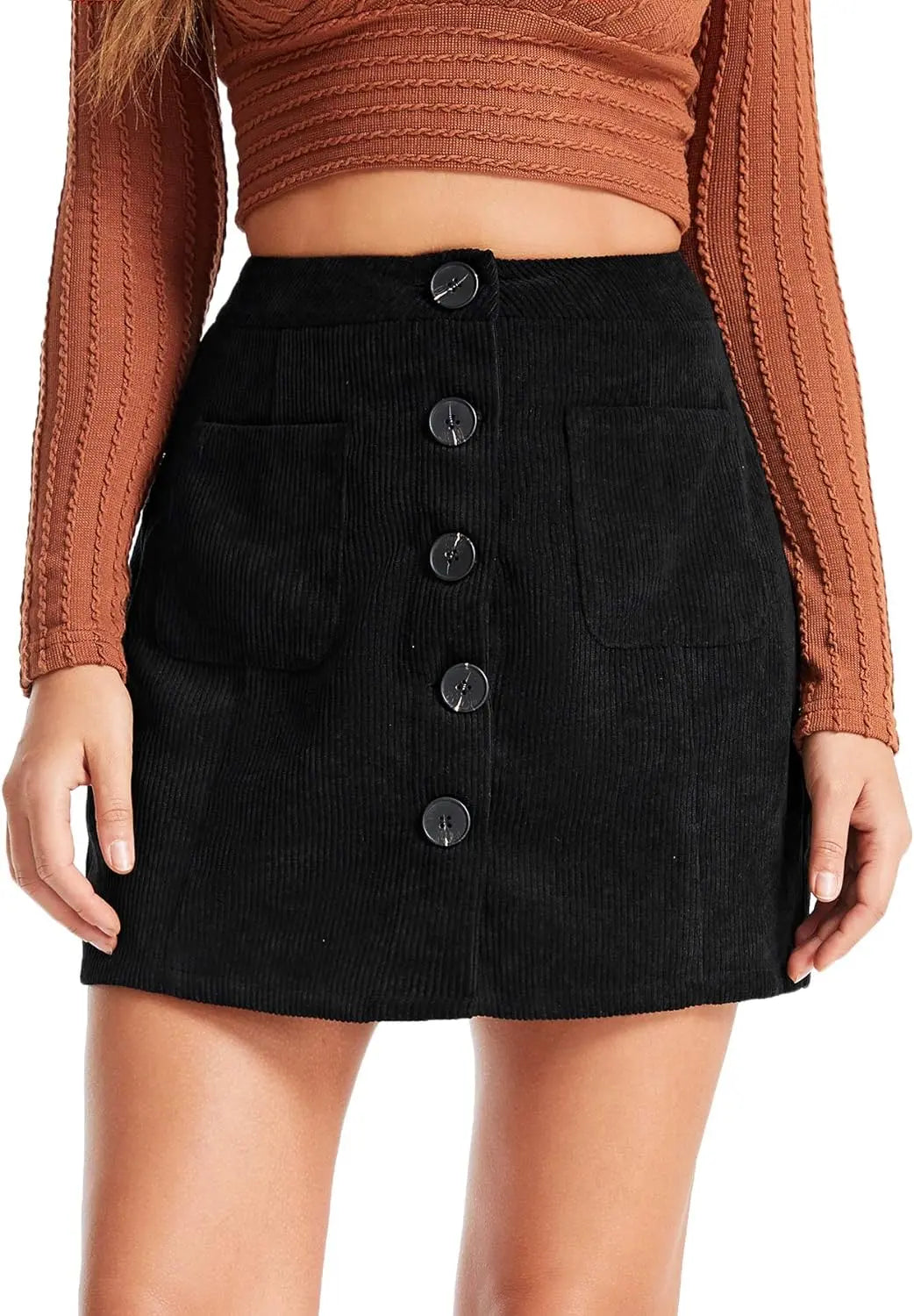 Women's Mid Waist Corduroy A-line Slim fit Button Casual Mini Skirt