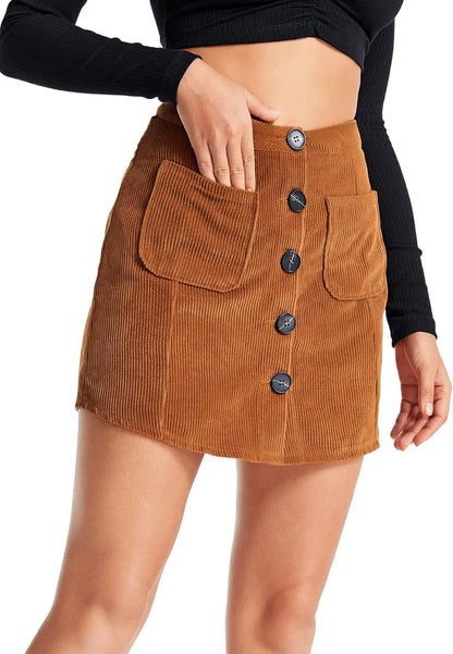 Women's Mid Waist Corduroy A-line Slim fit Button Casual Mini Skirt