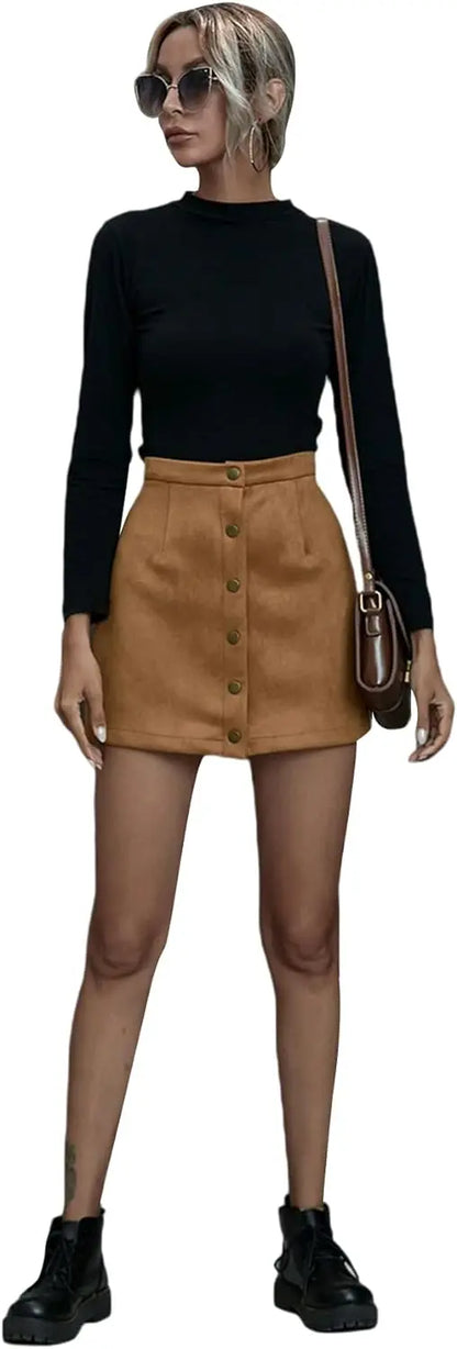 Women's Mid Waist Corduroy A-line Slim fit Button Casual Mini Skirt