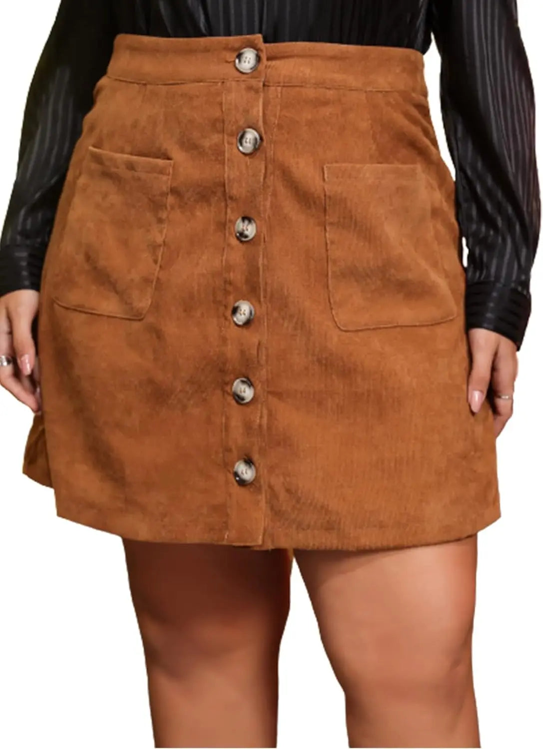 Women's Mid Waist Corduroy A-line Slim fit Button Casual Mini Skirt