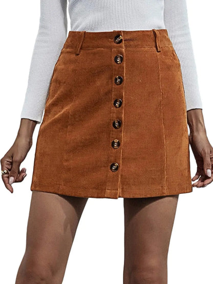 Women's Mid Waist Corduroy A-line Slim fit Button Casual Mini Skirt