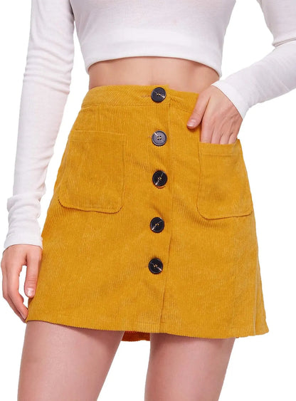 Women's Mid Waist Corduroy A-line Slim fit Button Casual Mini Skirt