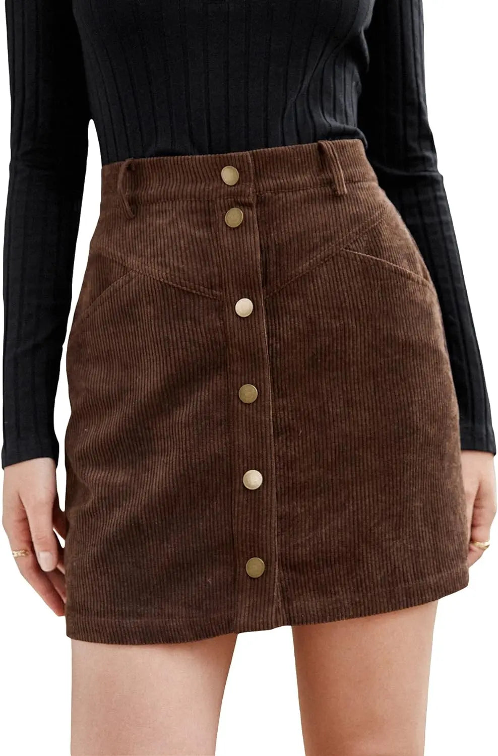 Women's Mid Waist Corduroy A-line Slim fit Button Casual Mini Skirt