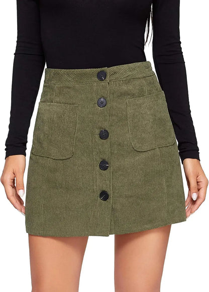 Women's Mid Waist Corduroy A-line Slim fit Button Casual Mini Skirt