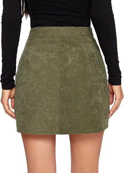 Women's Mid Waist Corduroy A-line Slim fit Button Casual Mini Skirt