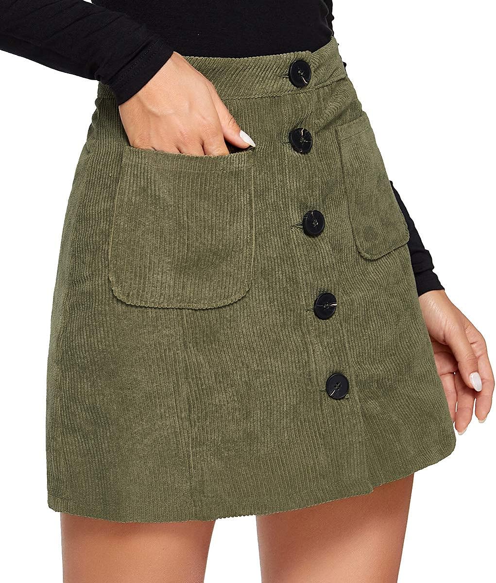 Women's Mid Waist Corduroy A-line Slim fit Button Casual Mini Skirt