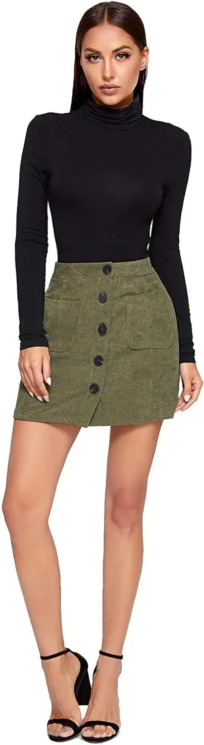 Women's Mid Waist Corduroy A-line Slim fit Button Casual Mini Skirt