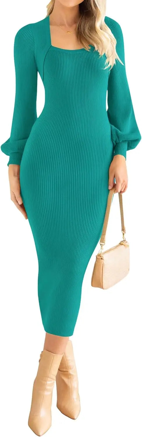 Women's Square Neck Sweater Dress Puff Long Sleeve Slim Fit