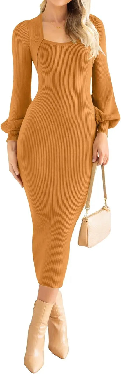 Women's Square Neck Sweater Dress Puff Long Sleeve Slim Fit