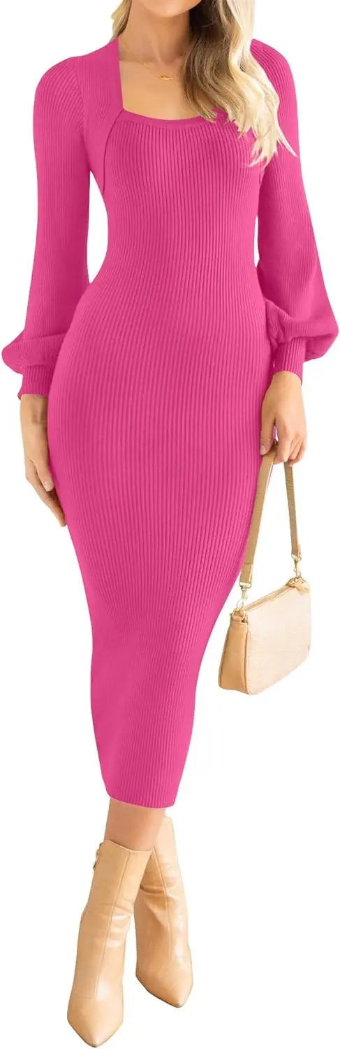 Women's Square Neck Sweater Dress Puff Long Sleeve Slim Fit