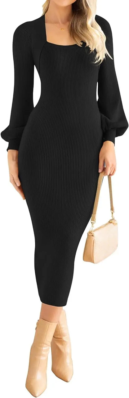 Women's Square Neck Sweater Dress Puff Long Sleeve Slim Fit