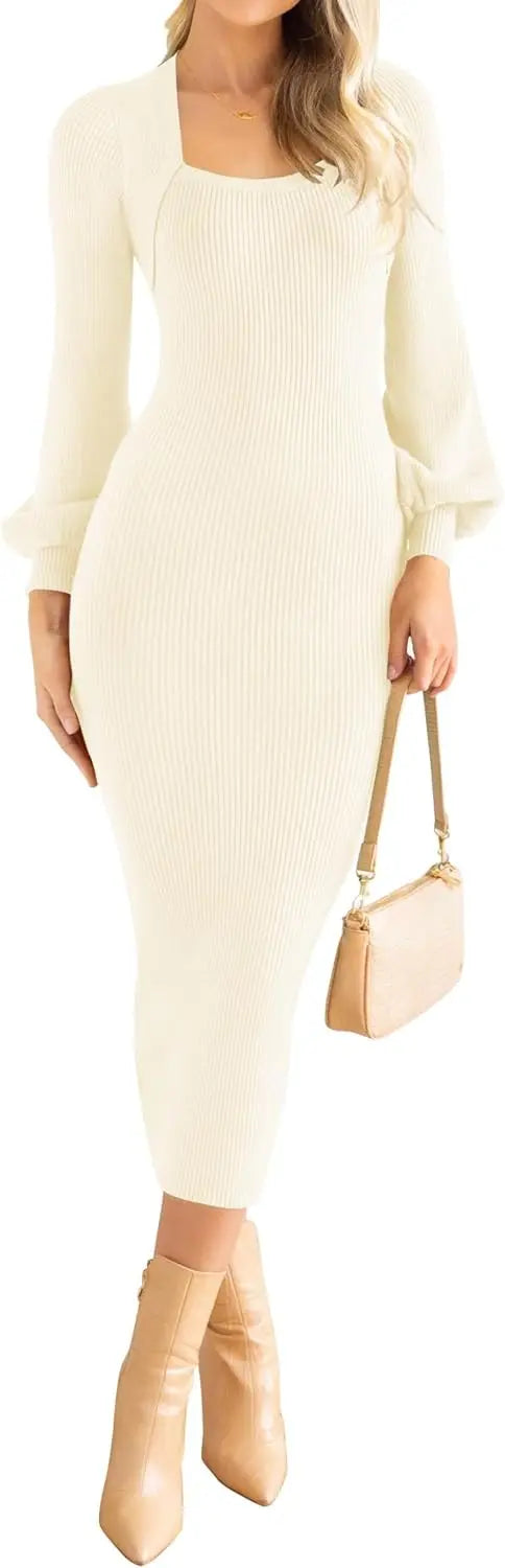 Women's Square Neck Sweater Dress Puff Long Sleeve Slim Fit