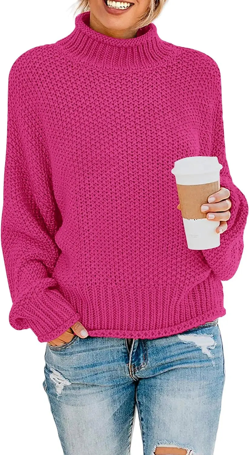 Women's Turtleneck Batwing Sleeve Oversized Chunky Knitted Pullover Sweater