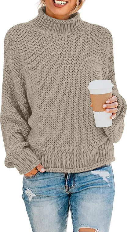 Women's Turtleneck Batwing Sleeve Oversized Chunky Knitted Pullover Sweater