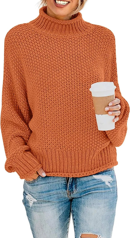 Women's Turtleneck Batwing Sleeve Oversized Chunky Knitted Pullover Sweater