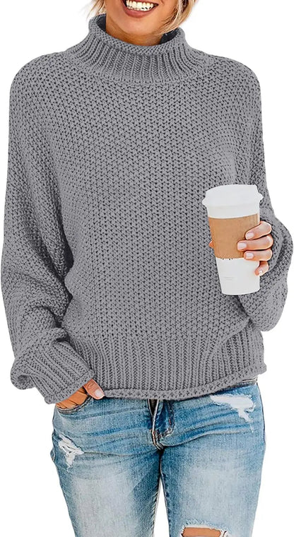 Women's Turtleneck Batwing Sleeve Oversized Chunky Knitted Pullover Sweater