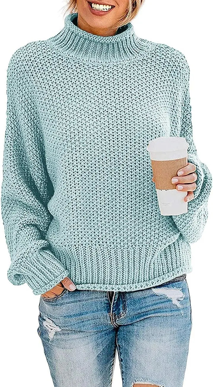 Women's Turtleneck Batwing Sleeve Oversized Chunky Knitted Pullover Sweater