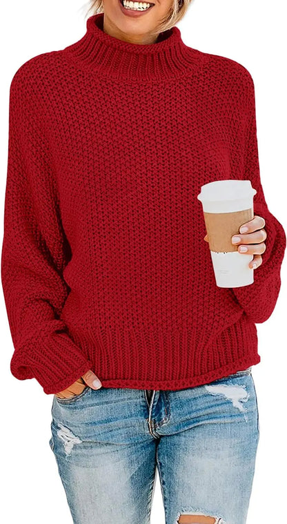 Women's Turtleneck Batwing Sleeve Oversized Chunky Knitted Pullover Sweater