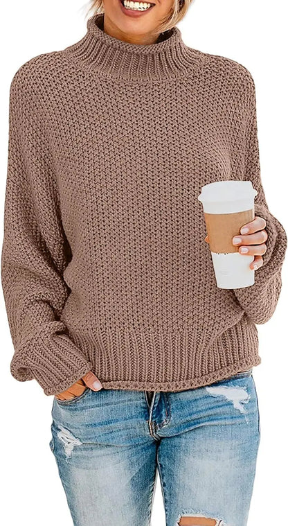 Women's Turtleneck Batwing Sleeve Oversized Chunky Knitted Pullover Sweater