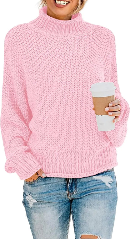 Women's Turtleneck Batwing Sleeve Oversized Chunky Knitted Pullover Sweater