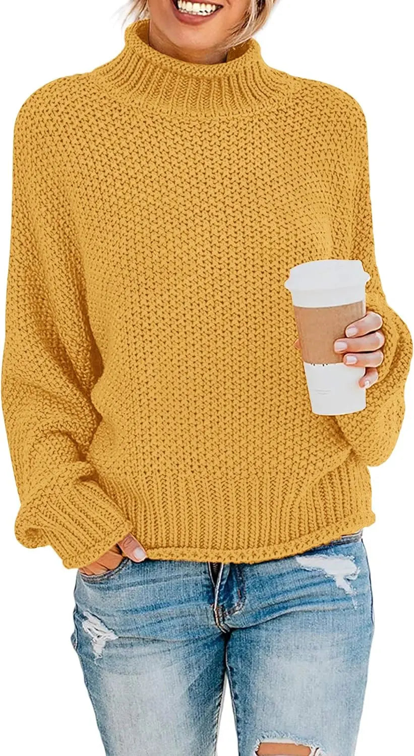 Women's Turtleneck Batwing Sleeve Oversized Chunky Knitted Pullover Sweater