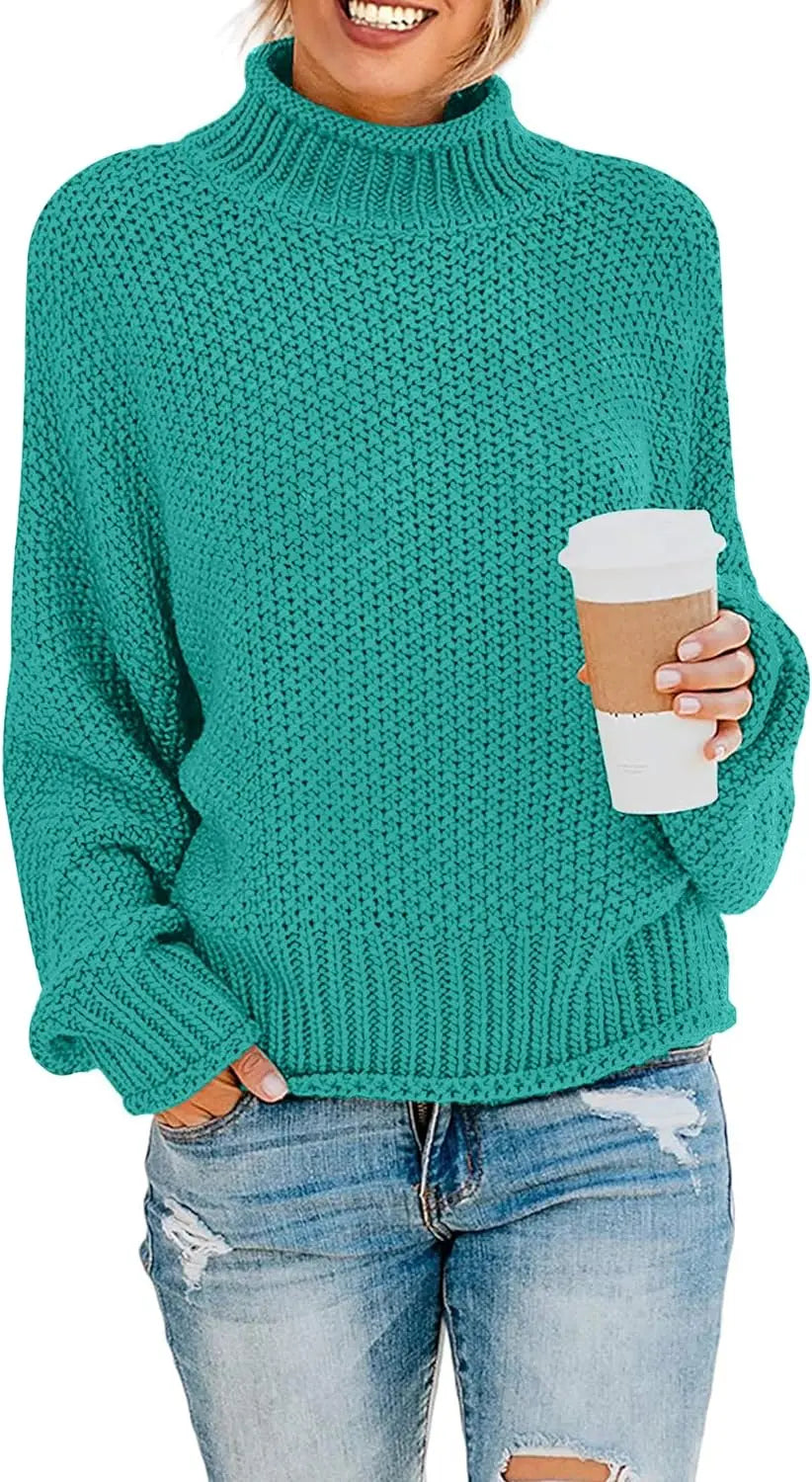 Women's Turtleneck Batwing Sleeve Oversized Chunky Knitted Pullover Sweater