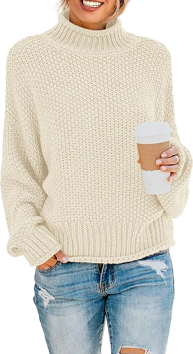 Women's Turtleneck Batwing Sleeve Oversized Chunky Knitted Pullover Sweater