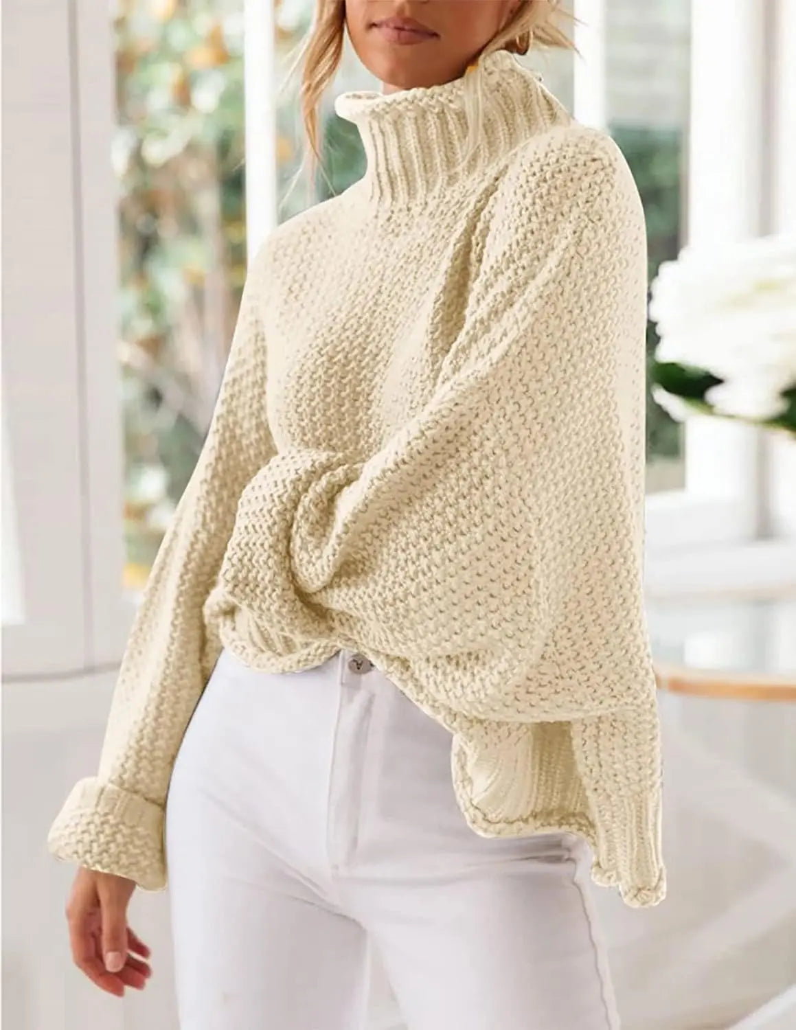 Women's Turtleneck Batwing Sleeve Oversized Chunky Knitted Pullover Sweater