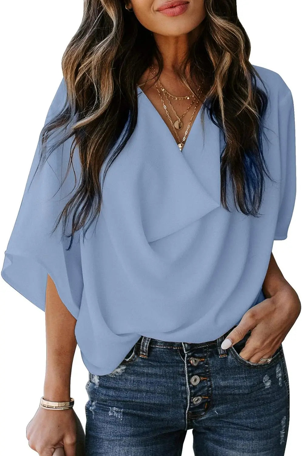 Womens Blouse Short Sleeve Chiffon Top