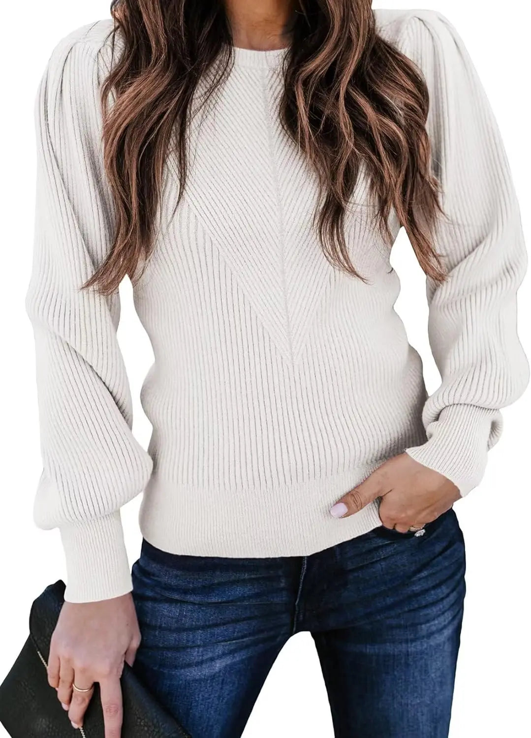 Womens Ribbed Knit Long Sleeve Lantern Sweater