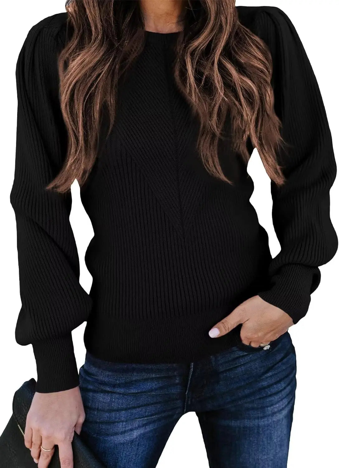 Womens Ribbed Knit Long Sleeve Lantern Sweater