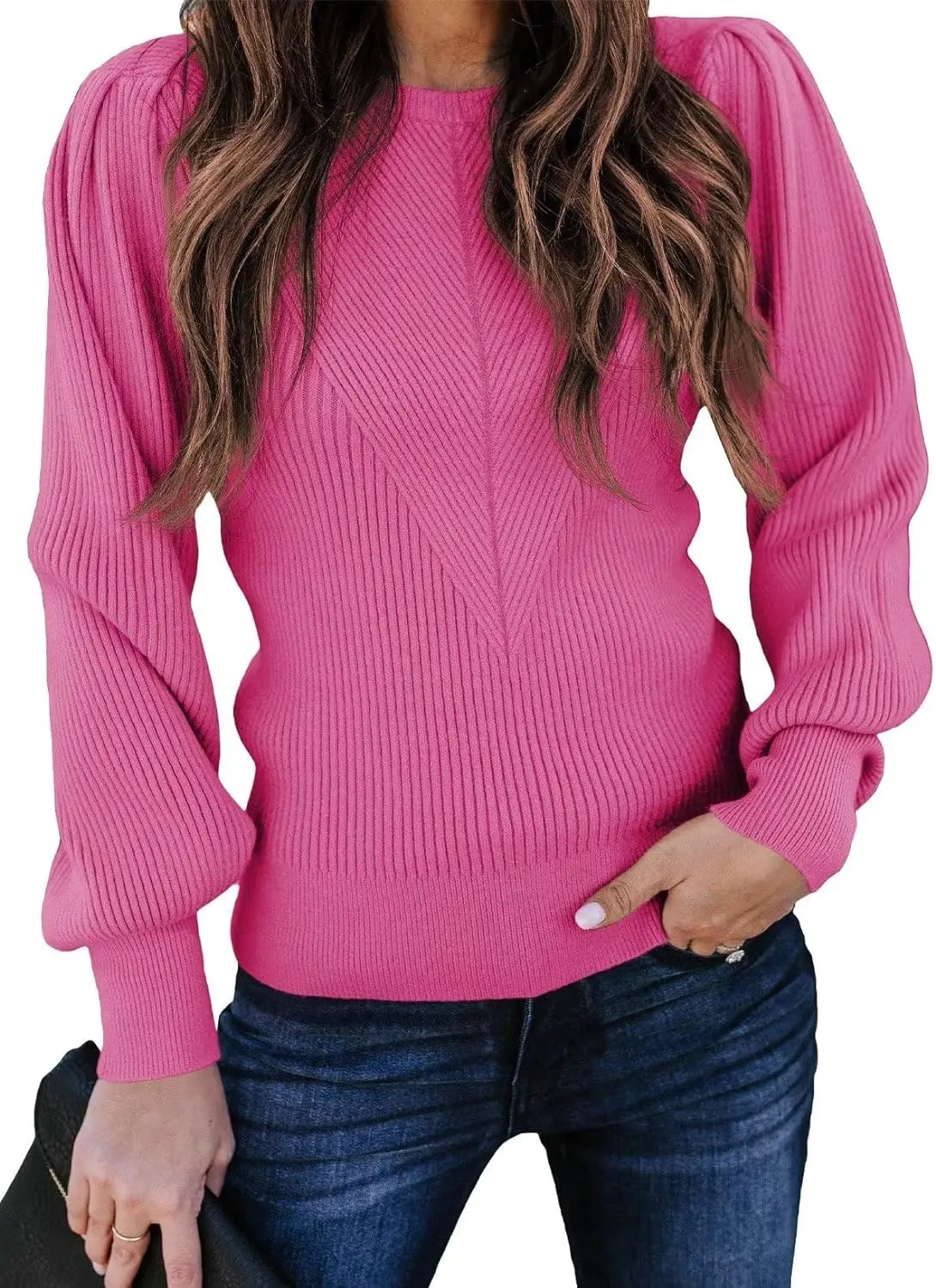 Womens Ribbed Knit Long Sleeve Lantern Sweater