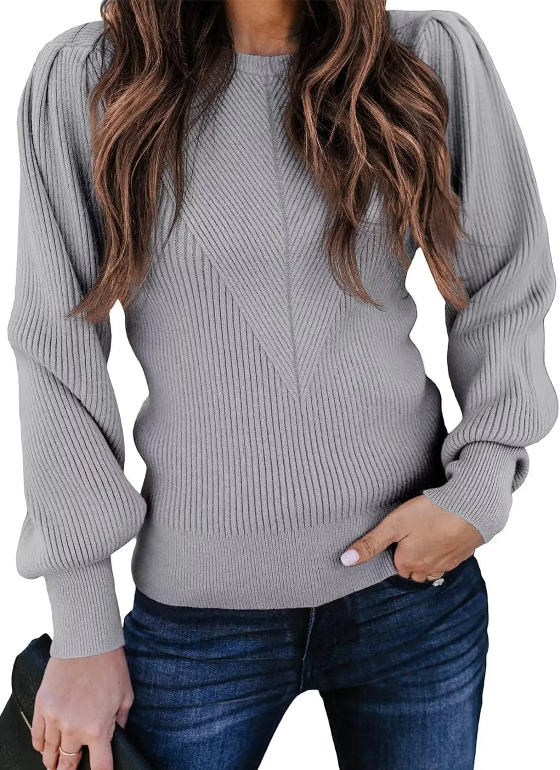 Womens Ribbed Knit Long Sleeve Lantern Sweater