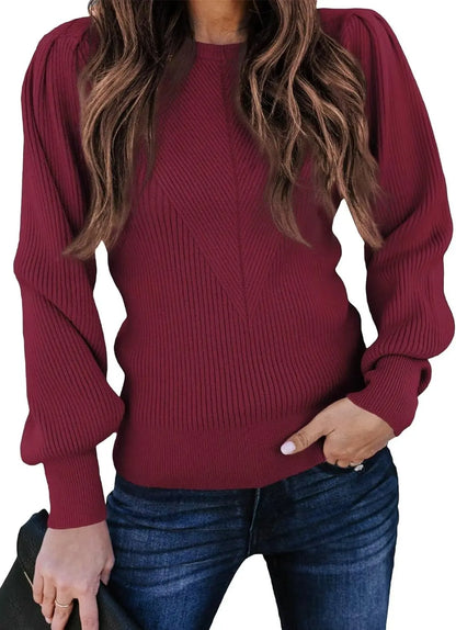 Womens Ribbed Knit Long Sleeve Lantern Sweater