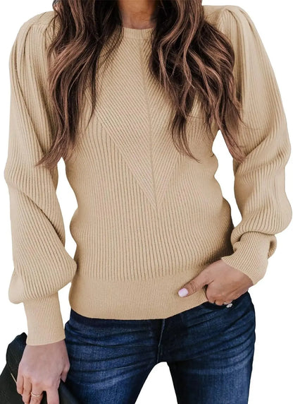 Womens Ribbed Knit Long Sleeve Lantern Sweater